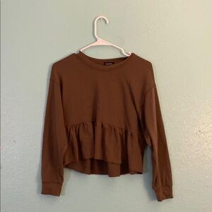 Brown Long Sleeve Ruffle Hem Top